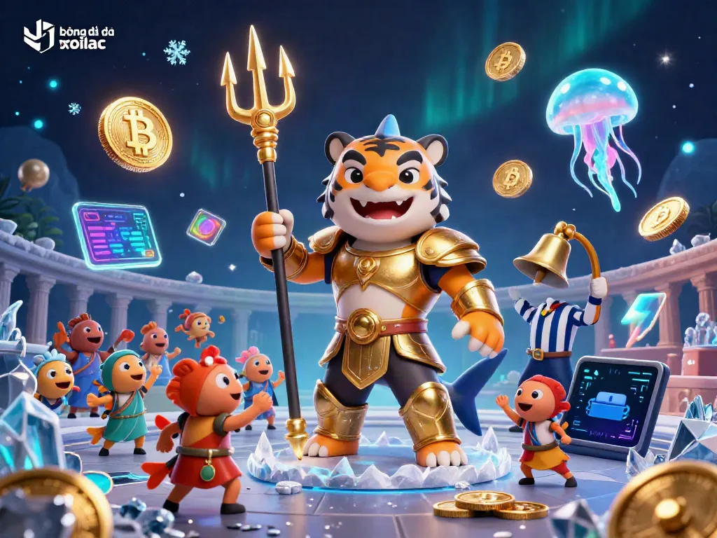 Bóng đá trực tuyến xoilac tv showcases a vibrant underwater scene with a gladiator shark and cheering fish.