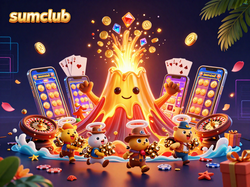 Exciting gameplay at sumclub, showcasing a golden volcano erupting coins and slot games with vibrant elements.