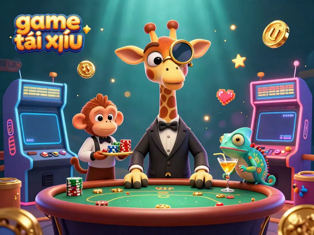Engage in the exciting game tài xỉu with a vibrant 3D casino scene featuring unique characters and gaming elements.