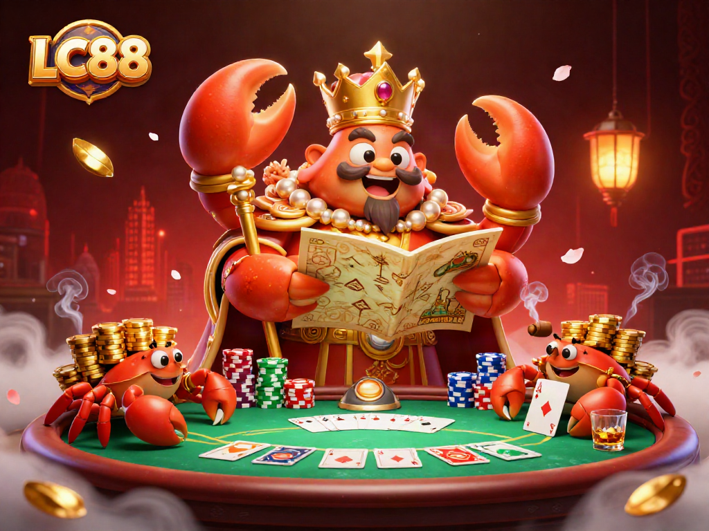 LC88 casino illustration featuring a golden crab emperor and poker elements creating a vibrant gaming atmosphere.