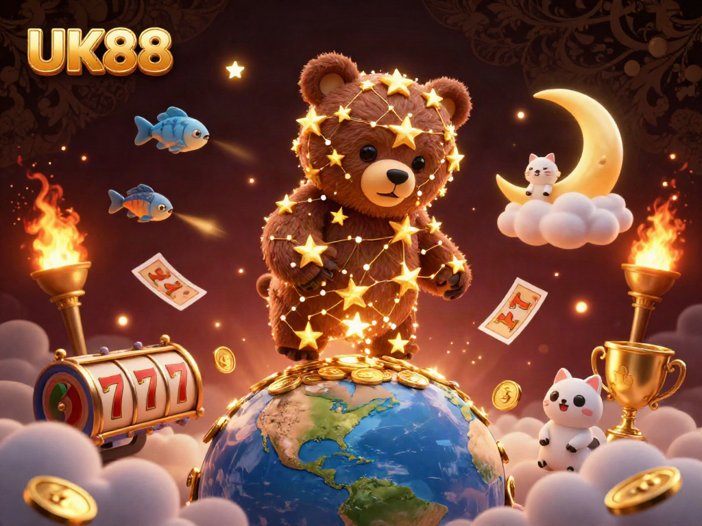 Engage in thrilling casino games with UK88, featuring a vibrant scene of winning elements like coins and golden trophies.