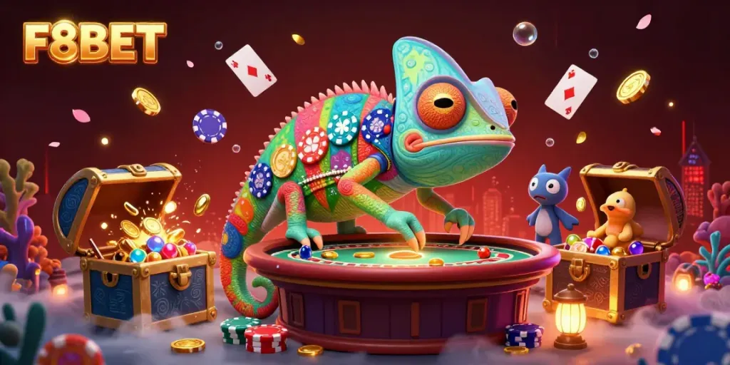 Experience the vibrant world of F8BET with a colorful chameleon casino owner and dynamic game elements.