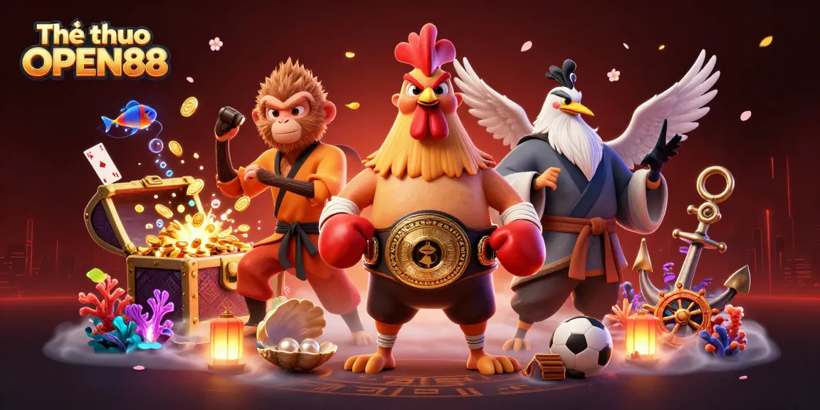 Engage with Thể thao OPEN88 as Muay Thai rooster, Shaolin monkey, and crane master celebrate gaming victories amidst sports betting highlights.