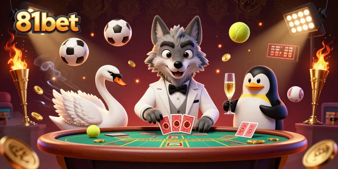 Experience the excitement of baccarat at 81bet, featuring a debonair wolf and elegant characters.