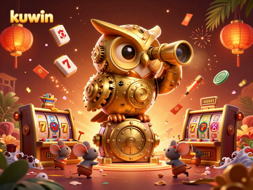 Kuwin casino scene featuring clockwork owl among slot machines and festive decorations.