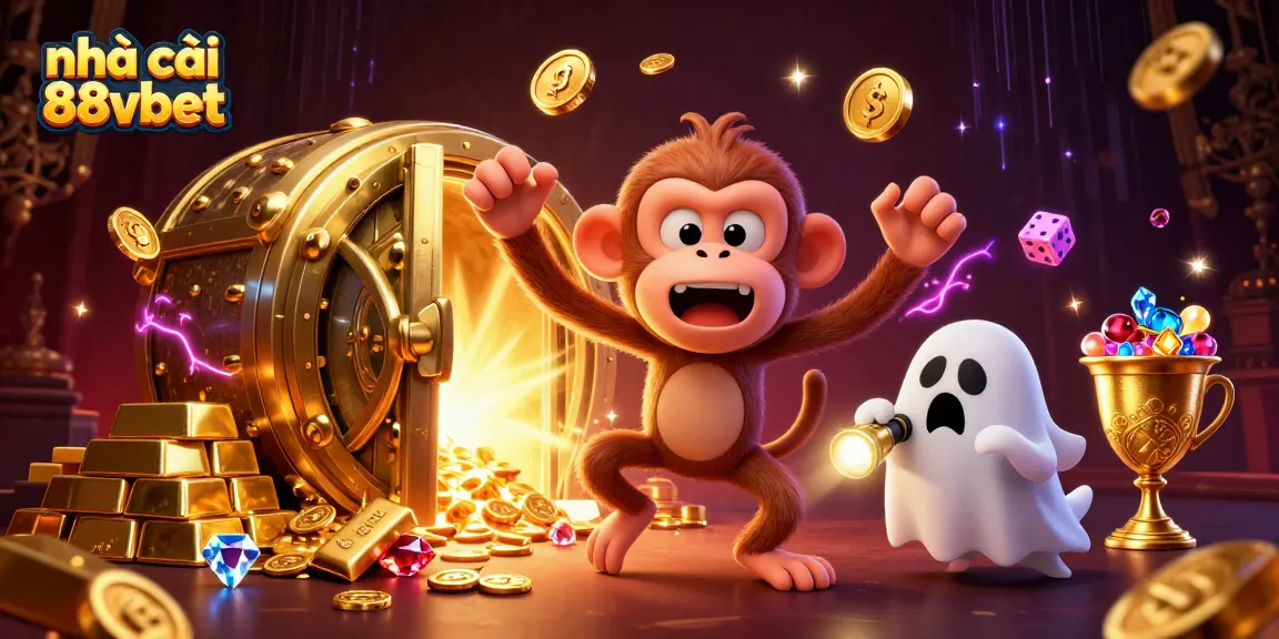 Hình ảnh sống động của nhà cái 88vbet với những món đồ vàng và nhân vật hài hước trong sòng bài.