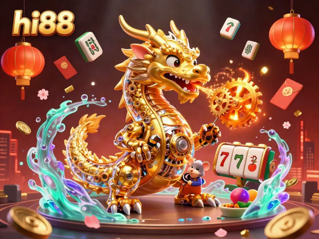 Engage with the thrilling hi88 experience featuring a golden dragon amidst vibrant casino elements.