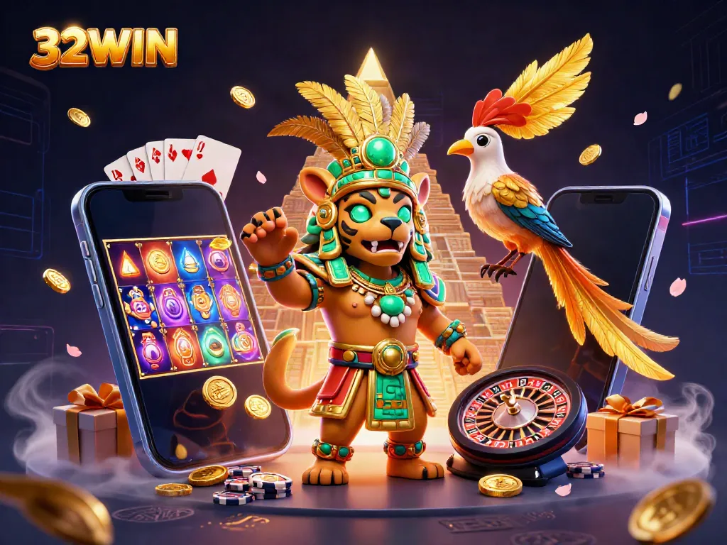 Experience the excitement of 32WIN with vibrant symbols and characters in a casino scene.