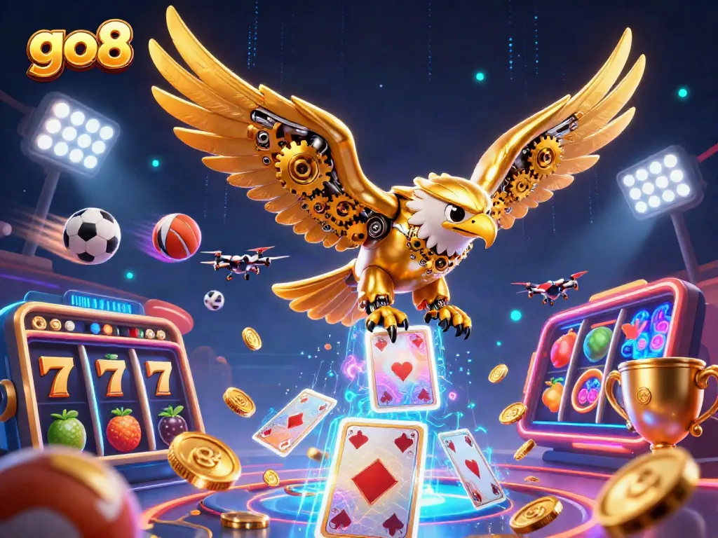 Experience thrilling betting with go8's dynamic casino scene featuring a golden eagle and colorful slot reels.