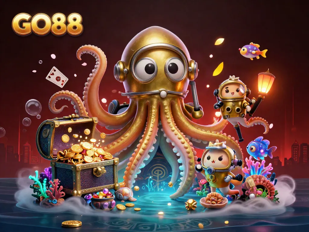 Engage in thrilling gaming experiences with GO88, featuring a cartoon kraken and bright underwater elements.