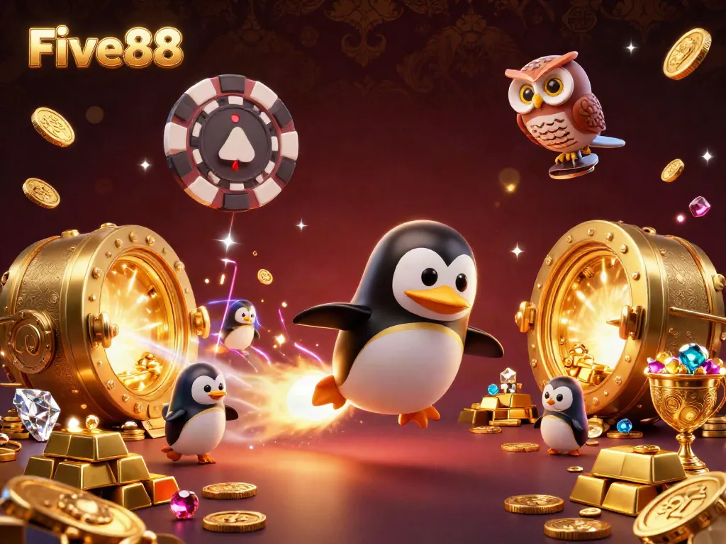 Experience the thrilling world of Five88 with a fun illustration featuring a golden penguin and casino elements.