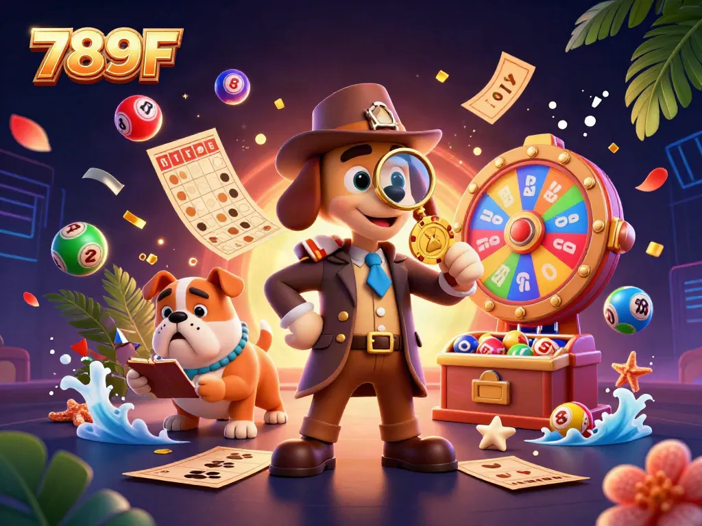 Experience the 789F gaming world with a cartoon detective uncovering treasures in a vibrant casino.