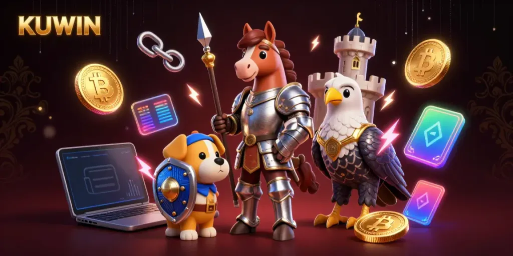 Engage with KUWIN's gaming diversity, featuring a knight, squire puppy, and falcon amidst vibrant crypto elements.