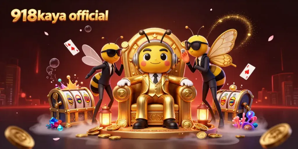 Experience the thrill of gaming with 918kaya official in a vibrant, dynamic 3D scene filled with slot machines and treasures.