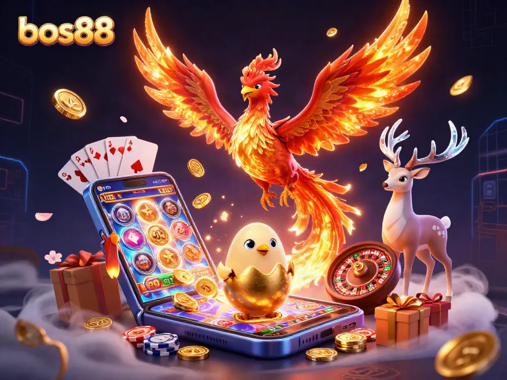 Engage with bos88's captivating slot experience featuring a rising phoenix, vibrant games, and enchanting visuals.