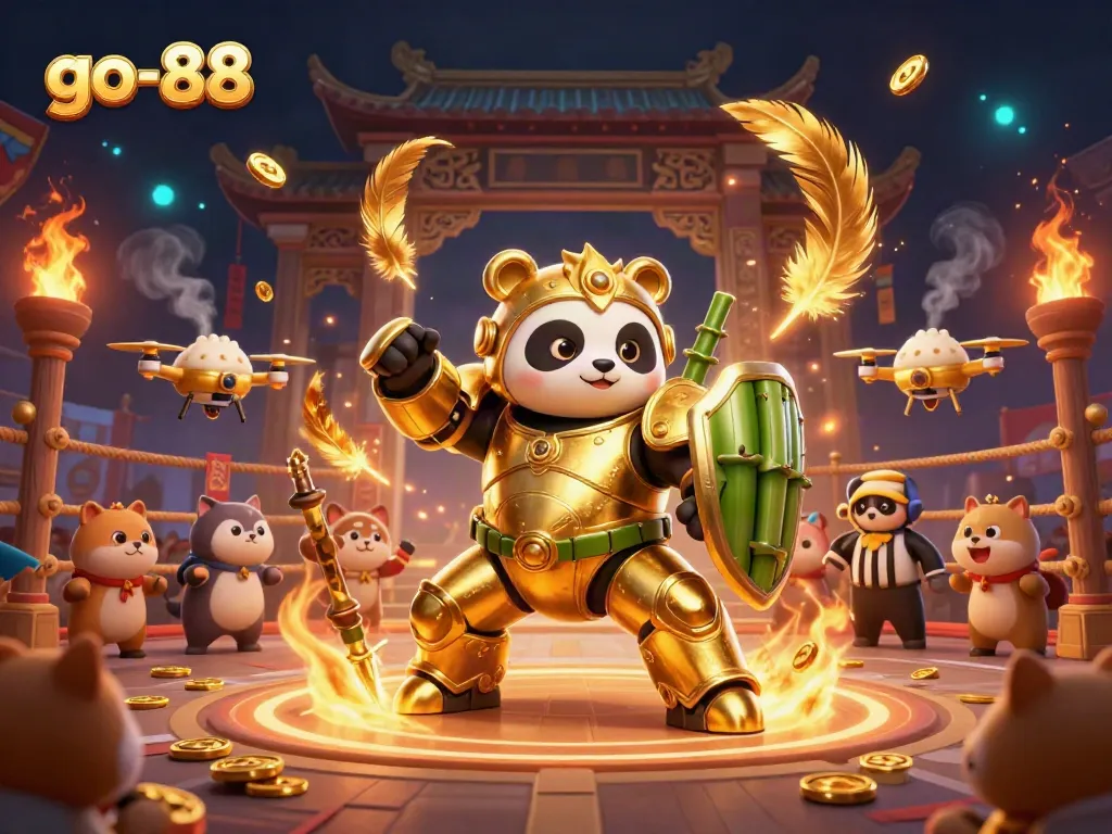 Join the excitement at go-88 with a vivid 3D casino scene featuring a mech-suit panda in an engaging gambling arena.