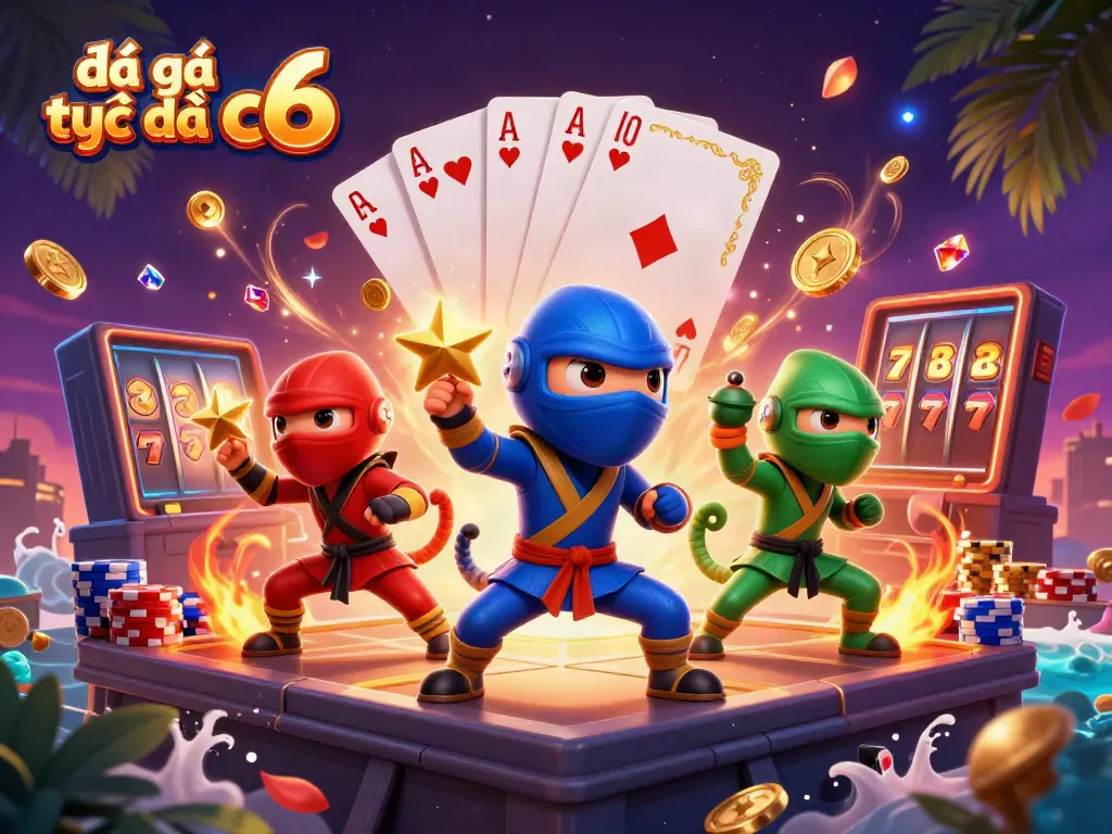 Experience thrilling đá gà trực tiếp c6 with a dynamic ninja chameleon team amidst sparkling casino elements.