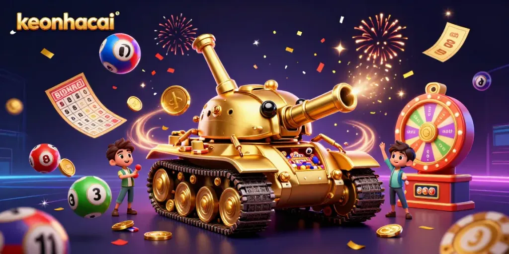 Engage with keonhacai by experiencing a vibrant miniature casino scene featuring a golden beetle tank.