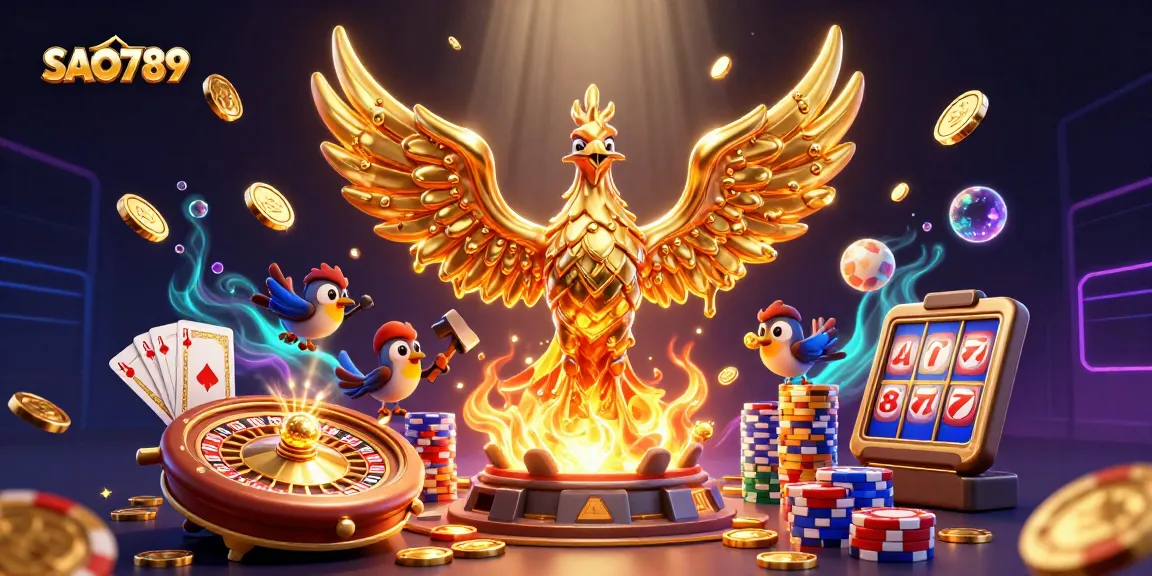 Experience the exciting world of SAO789 with golden phoenixes, rolling roulette wheels, and vibrant casino elements.