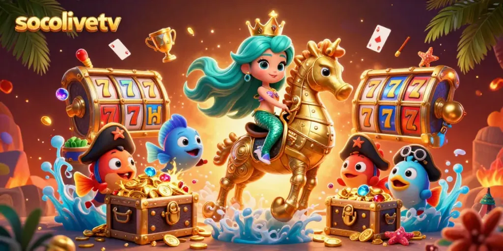 Socolivetv brings a lively underwater scene with a mermaid, golden seahorse, and vibrant gaming elements, celebrating online gambling excitement.