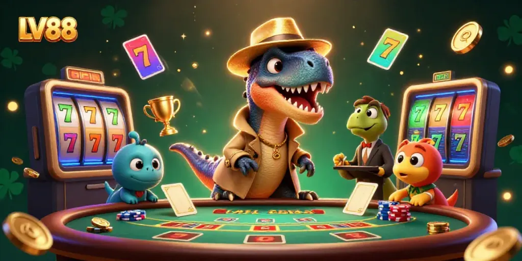Experience excitement at LV88 with a velociraptor card counter and stegosaurus pit boss in a vibrant casino scene.