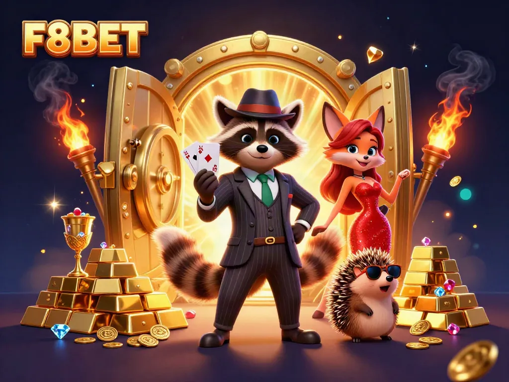 Experience thrilling wins with F8BET in a vibrant 3D casino scene filled with excitement.