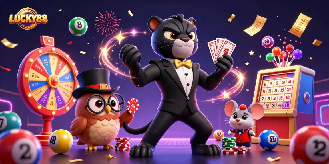 LUCKY88 brings excitement with a stylish panther dealing cards and colorful lottery balls.
