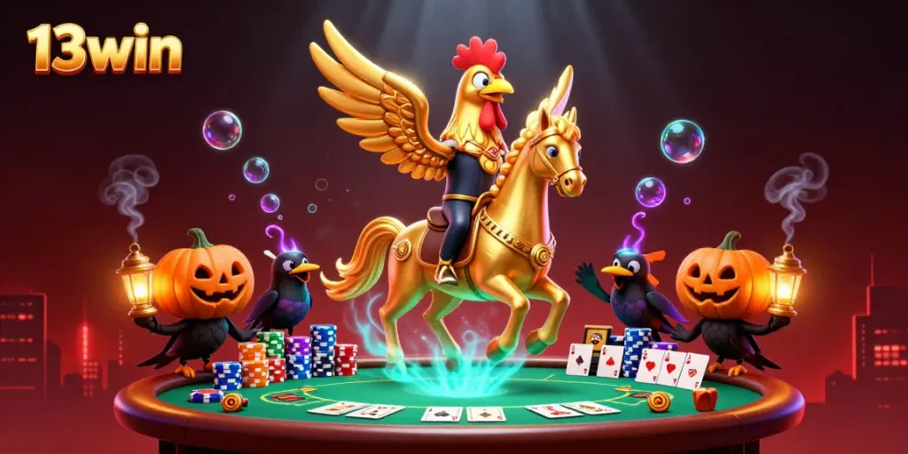Experience thrilling gaming at 13win with a vibrant casino scene featuring a unique golden rooster character.