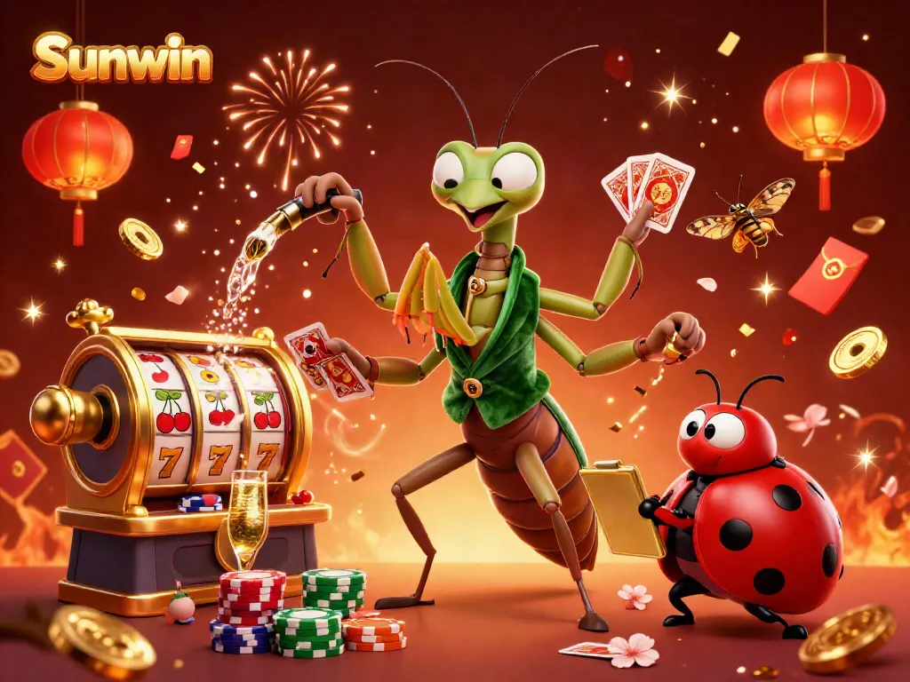 Engage with Sunwin's vibrant casino atmosphere featuring a giant praying mantis and interactive gaming elements.