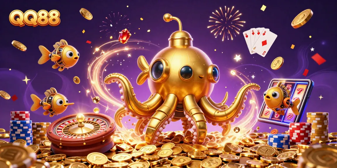 Experience exciting gaming at QQ88 with a dynamic scene of a golden kraken and casino elements showcasing the thrill of winning.