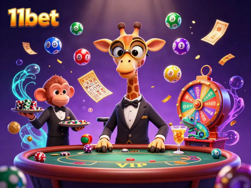 Experience the excitement of 11bet with lively characters at a vibrant casino scene.