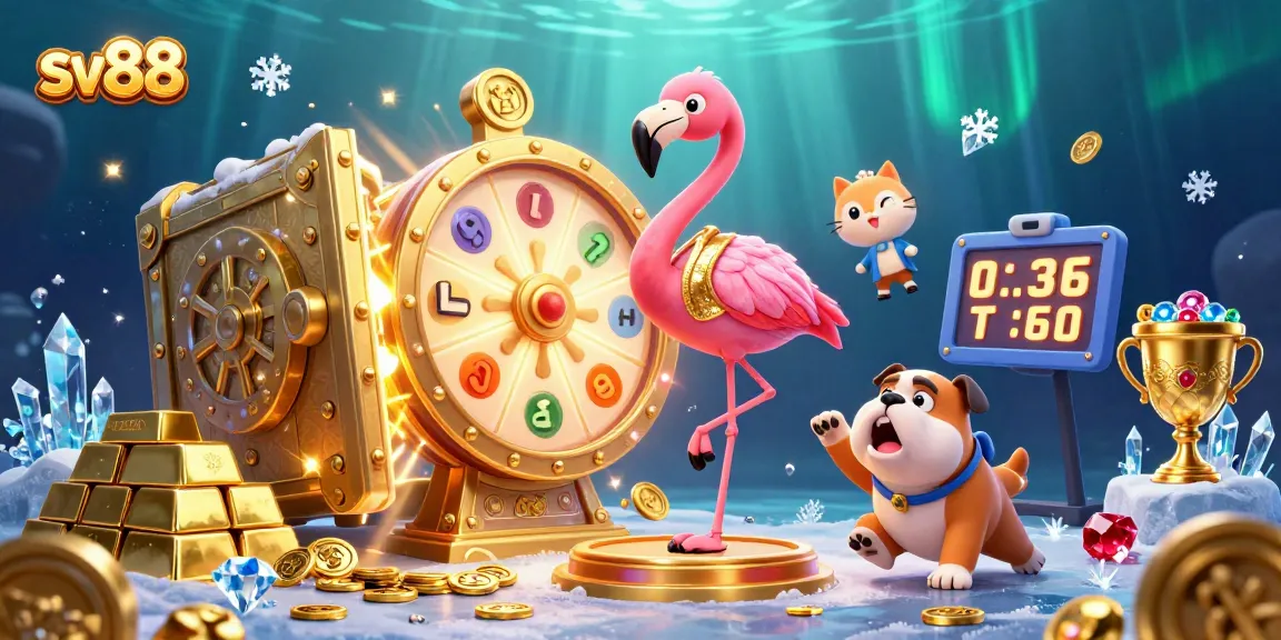 Experience the excitement of sv88 as a flamingo spins the prize wheel with gems and gold all around!