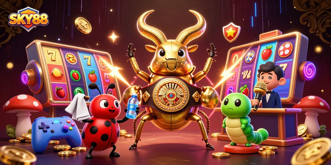 Engage with SKY88’s vibrant 3D cartoon scene of casino slot action featuring a golden stag beetle champion.