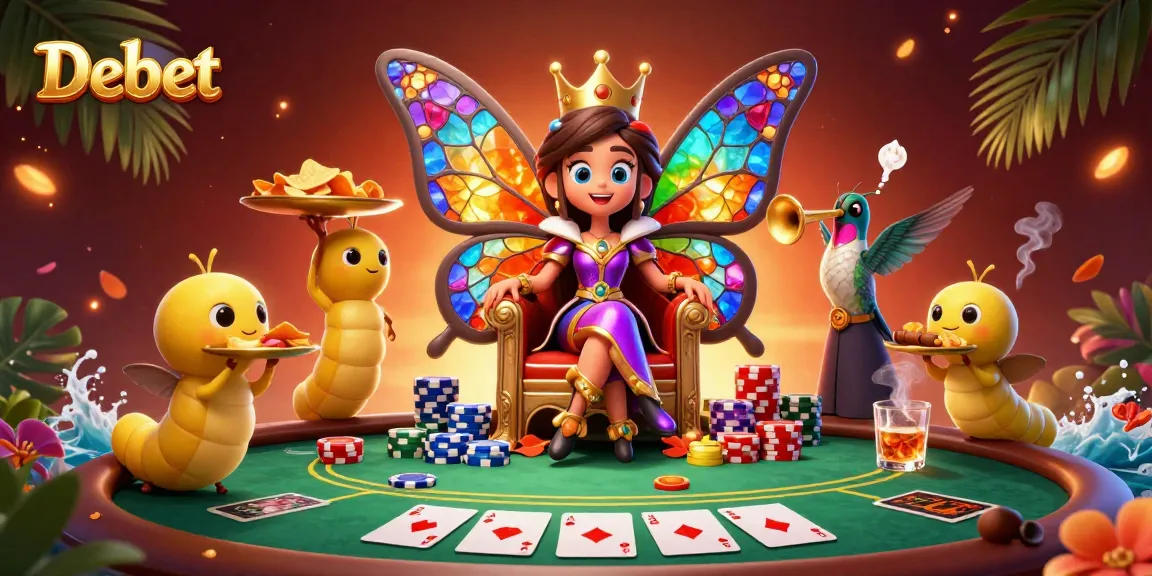 Experience the vibrant world of Debet with a butterfly queen presiding over a colorful poker game scene.