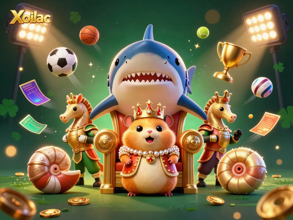 Xoilac showcases a fierce hamster king on a megalodon throne surrounded by sports betting elements.