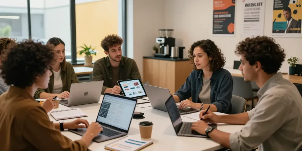 Hire freelancers in a collaborative workspace, showcasing diverse professionals discussing projects and sharing portfolios.
