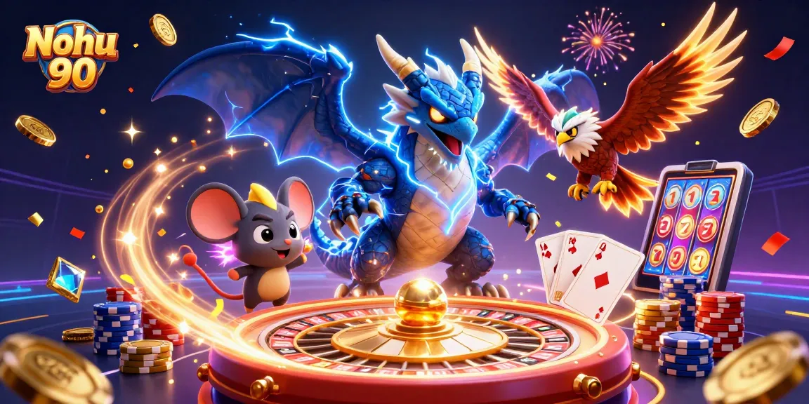 Nohu 90 showcases an electrifying casino scene with dynamic slots and vibrant characters.