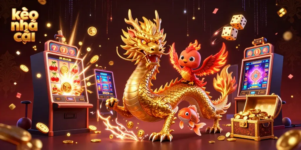Engage with kèo nhà cái as a golden dragon and phoenix animate a dynamic casino scene filled with coins and winnings.