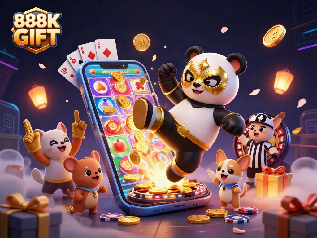 Engage with the excitement of 888K GIFT featuring a dynamic wrestler panda and thrilling casino elements.