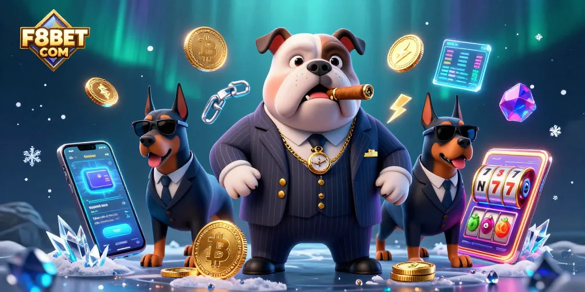 Experience F8BET COM at a vibrant casino scene with a mafia boss bulldog and bodyguard Dobermans surrounded by crypto coins, slot elements, and dynamic visuals.