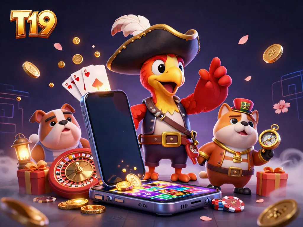 T19 presents a lively pirate-themed online casino scene with characters and dynamic slot game elements.