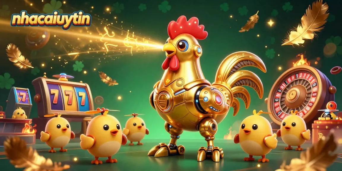 Engage in vibrant casino action with nhacaiuytin's golden rooster robot and baby chick drones.