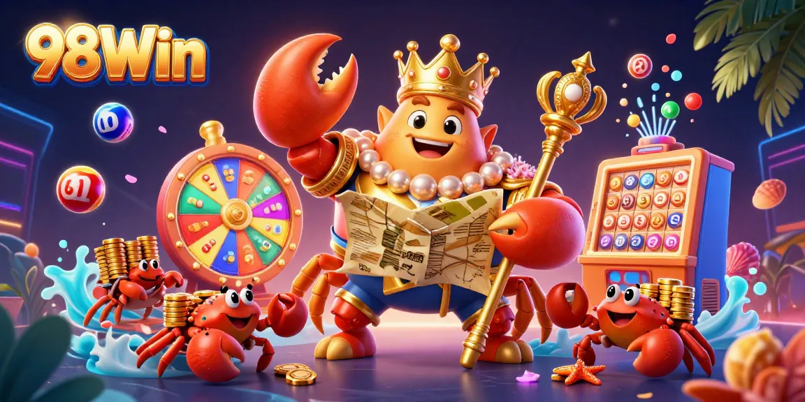 Engage with thrilling 98Win gaming experiences featuring a golden crab emperor in a vibrant casino scene.