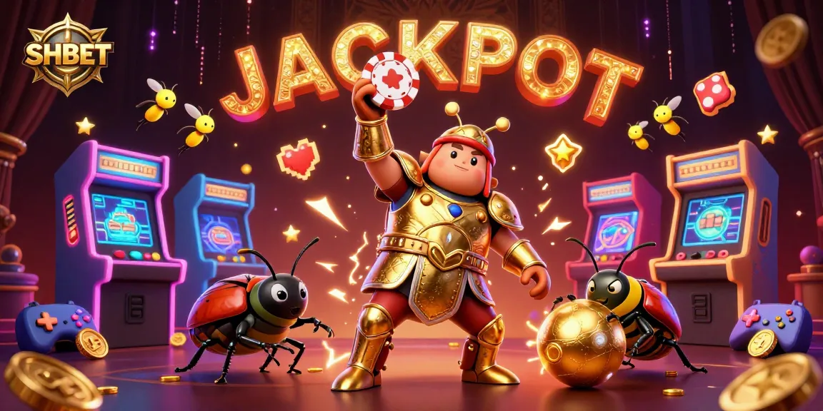 Join SHBET's exciting adventure as a victorious beetle rallies for casino wins amidst vibrant gaming elements.