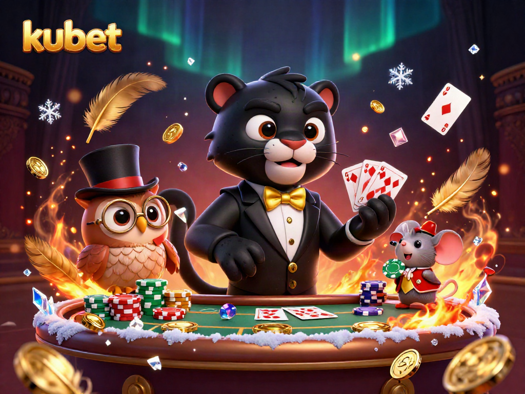 Kubet captures the thrill of live casino gaming with a dynamic illustration featuring characters and elements from the gaming world.