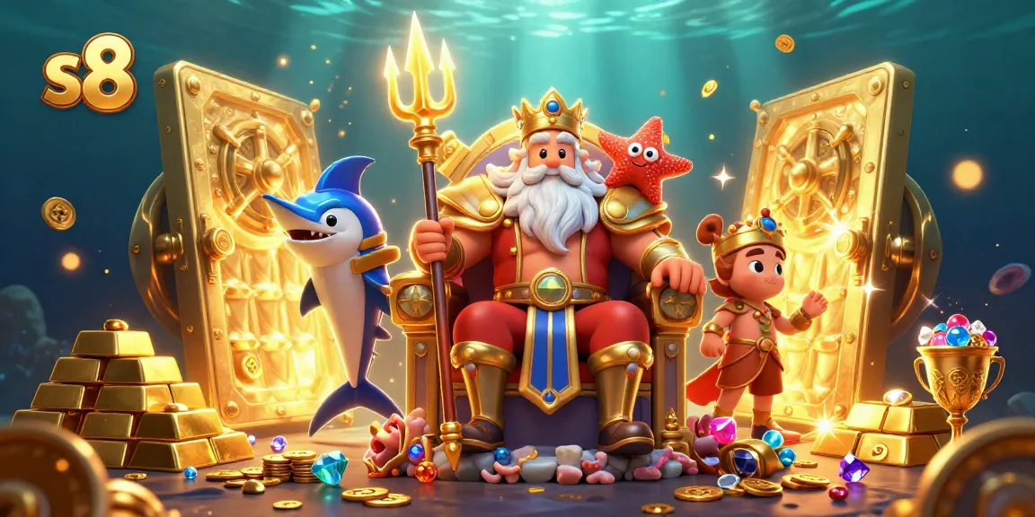 S8 casino experience illustrated with sea king Neptune, gold treasures, and dynamic gaming elements