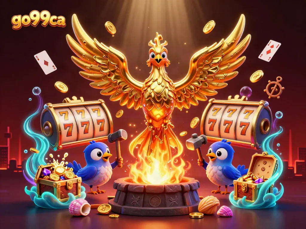 Experience thrill with go99ca as a golden phoenix emerges from a casino forge, surrounded by slot reels.