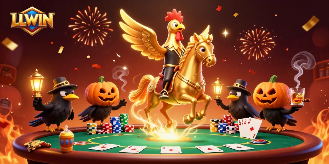 Experience LLWIN's thrilling casino atmosphere with a golden rooster riding through a midnight casino.
