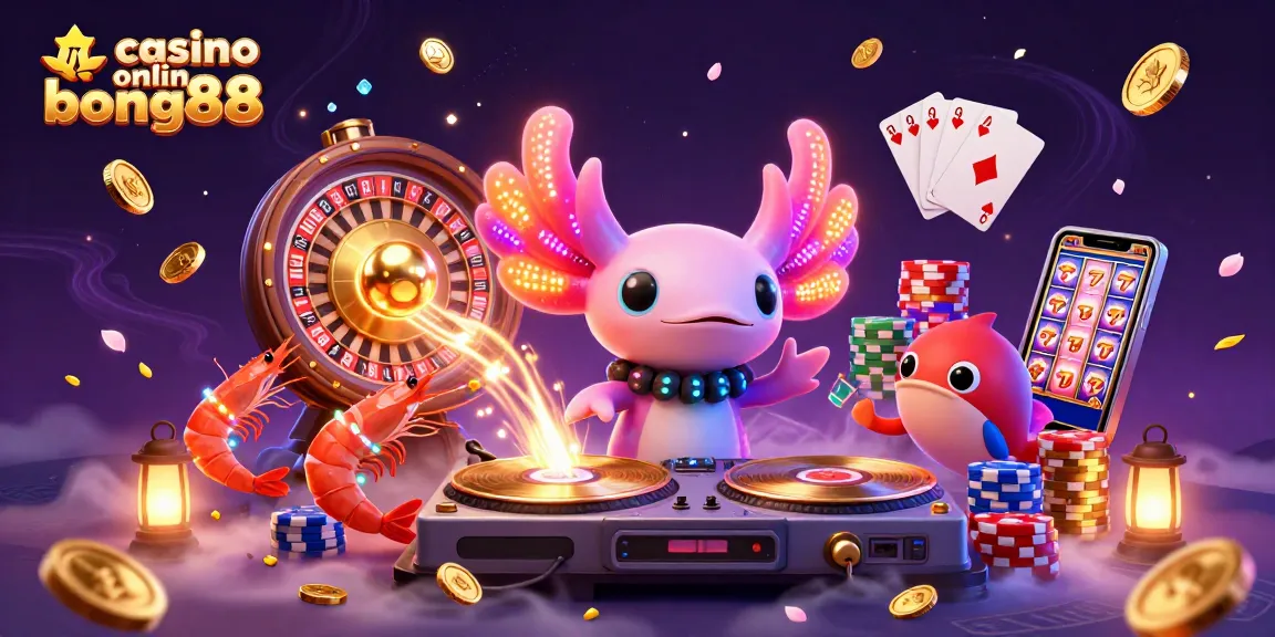 Experience the excitement of casino online bong88 with a vibrant 3D scene featuring an axolotl DJ and dynamic gambling elements.