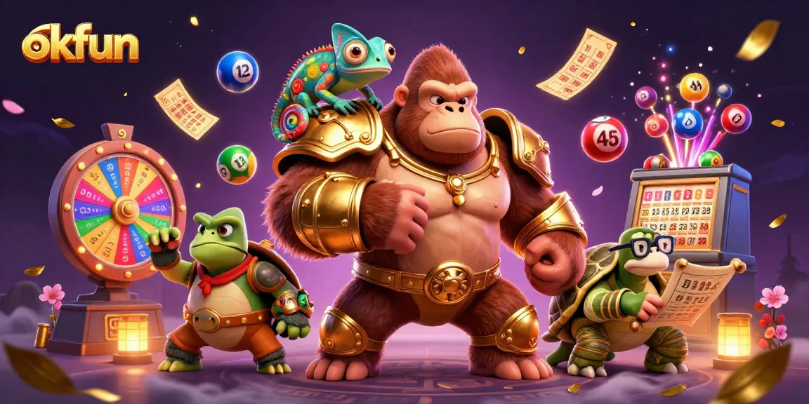 Experience online gaming with okfun alongside a powerful gorilla, colorful lottery elements, and a vibrant casino scene.